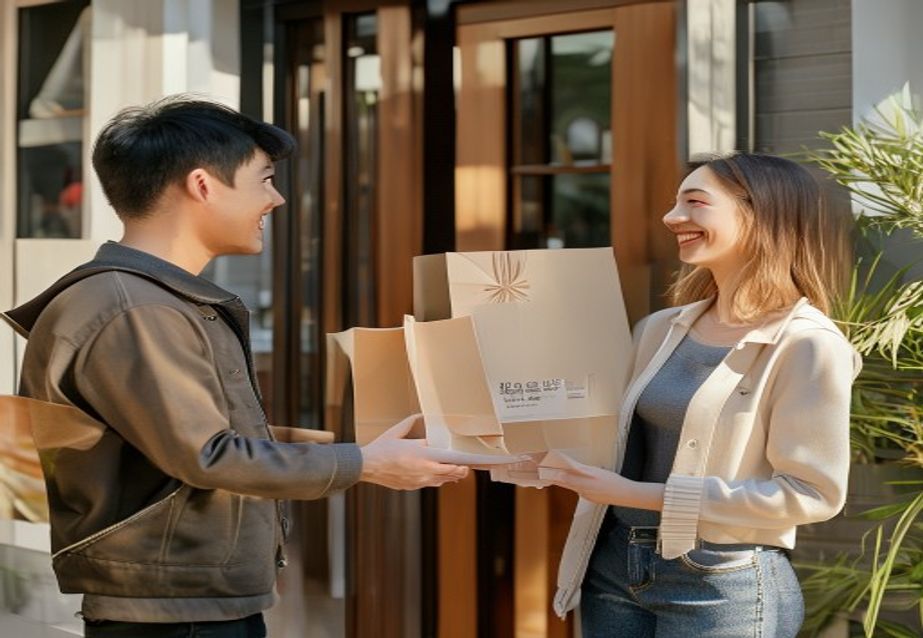 A delivery pro handing products to a happy customer